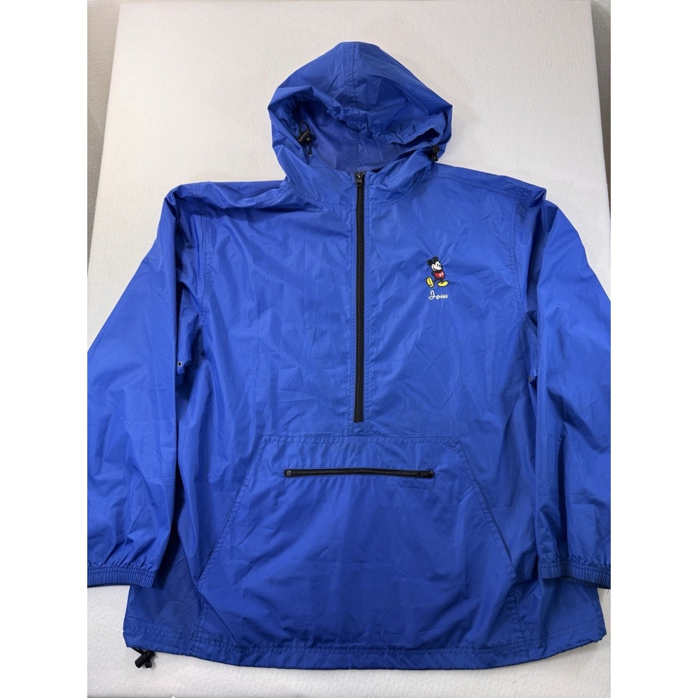 Vintage Disneyland Parks 1/2 Zip Mens Hooded Windbreaker 2XL Blue Mickey "John"